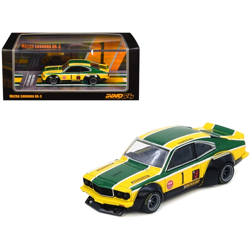 Mazda RX-3 Savanna RHD (Right Hand Drive) #1 “Katayama Racing Livery” Green and Yellow Striped 1/64 Diecast Model Car by Inno Models