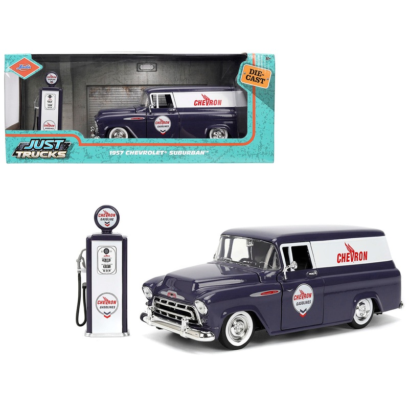 1957 Chevrolet Suburban “Chevron” Dark Blue with White Stripes and Chevron Gas Pump “Just Trucks” Series 1/24 Diecast Model Car by Jada