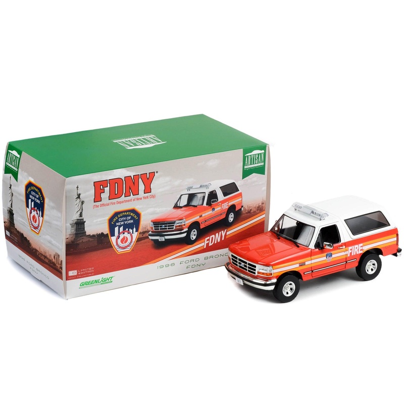 1996 Ford Bronco Police Red and White FDNY (The Official Fire Department the City of New York) “Artisan Collection” 1/18 Diecast Model Car by Greenlight