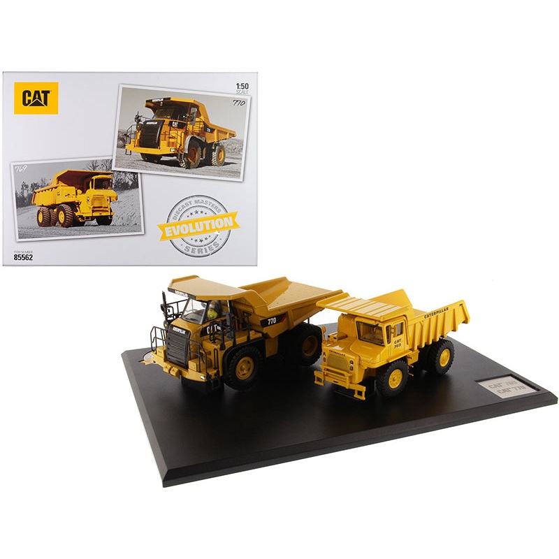 CAT Caterpillar 769 Off-Highway Truck (1963-2006) and CAT Caterpillar 770 Off-Highway Truck (2007-Present) with Operators “Evolution Series” Set of 2 pieces 1/50 Diecast Models by Diecast Masters