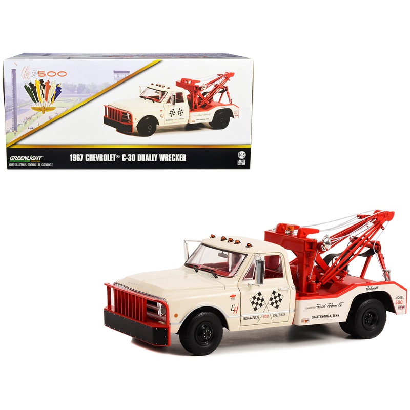 1967 Chevrolet C-30 Dually Wrecker Tow Truck “51st Annual Indianapolis 500 Mile Race Official Truck” Beige and Red with Red Interior 1/18 Diecast Model Car by Greenlight