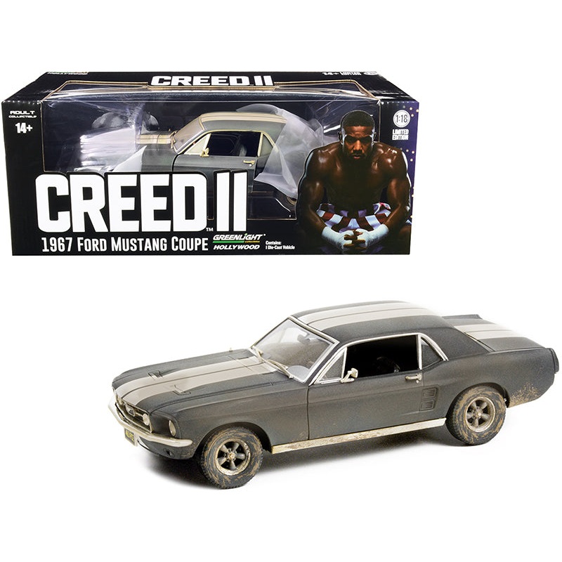 1967 Ford Mustang Coupe Matt Black with White Stripes (Weathered) (Adonis Creed’s) “Creed II” (2018) Movie 1/18 Diecast Model Car by Greenlight