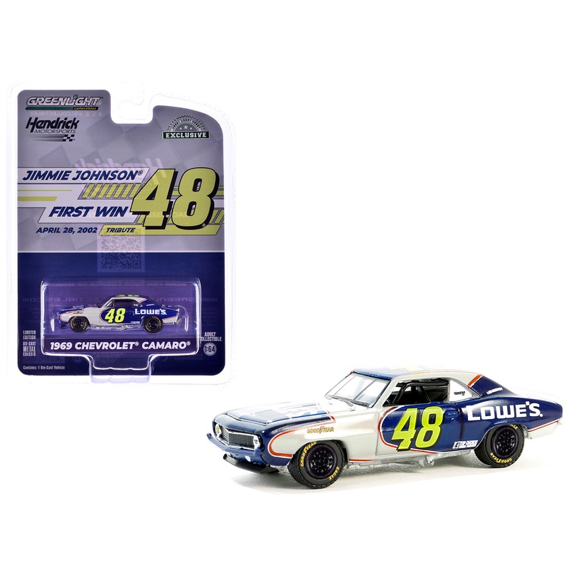 1969 Chevrolet Camaro #48 “Jimmie Johnson – Hendrick Motorsports First Win Tribute” Dark Blue and White with Graphics “Hobby Exclusive” Series 1/64 Diecast Model Car by Greenlight