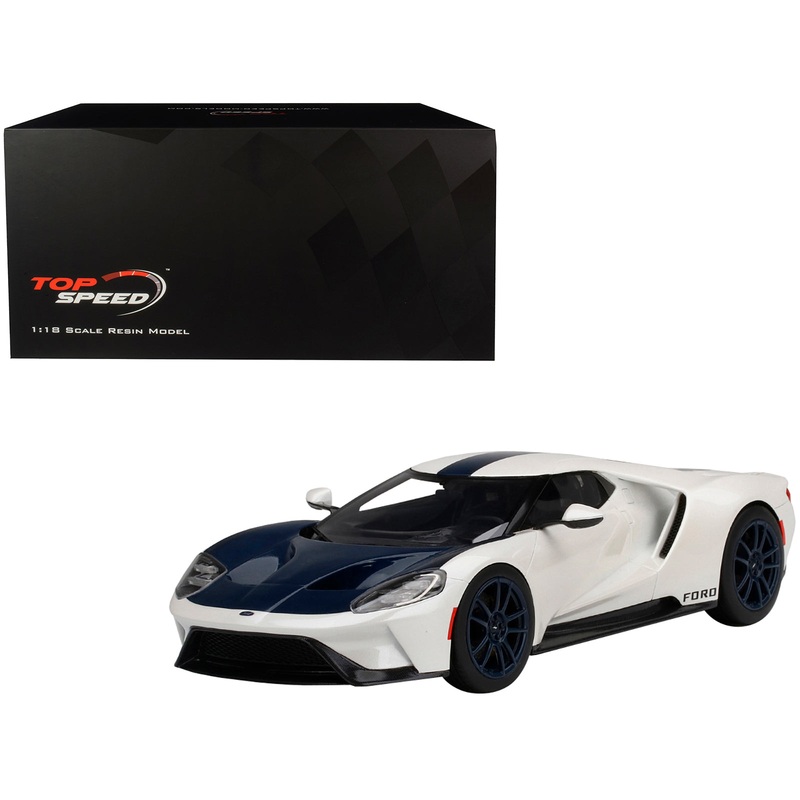 Ford GT “1964 Prototype Heritage Edition” White with Dark Blue Hood and Stripe 1/18 Model Car by Top Speed