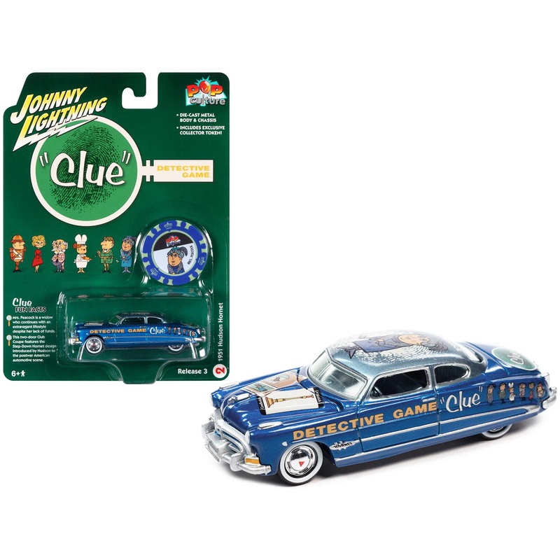 1951 Hudson Hornet Blue Metallic “Vintage Clue Mrs. Peacock” with Poker Chip Collector’s Token “Pop Culture” 2022 Release 3 1/64 Diecast Model Car by Johnny Lightning