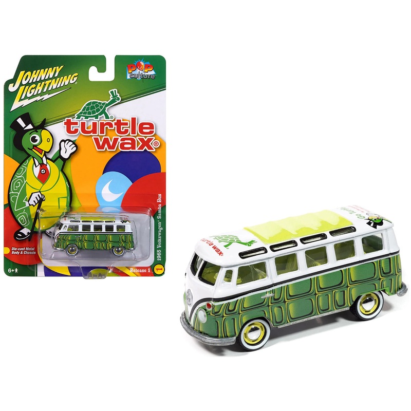 1965 Volkswagen Samba Bus “Turtle Wax” White and Green with Graphics “Pop Culture” 2025 Release 1 1/64 Diecast Model Car by Johnny Lightning