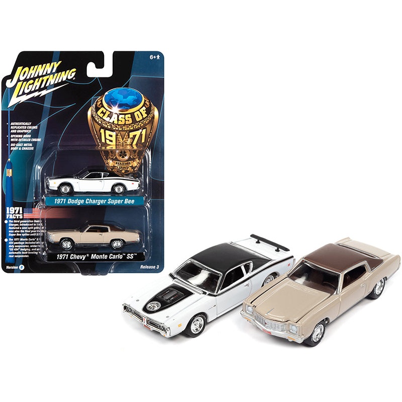 1971 Dodge Charger Super Bee White and 1971 Chevrolet Monte Carlo SS Sandalwood Brown “Class of 1971” Set of 2 Cars 1/64 Diecast Model Cars by Johnny Lightning