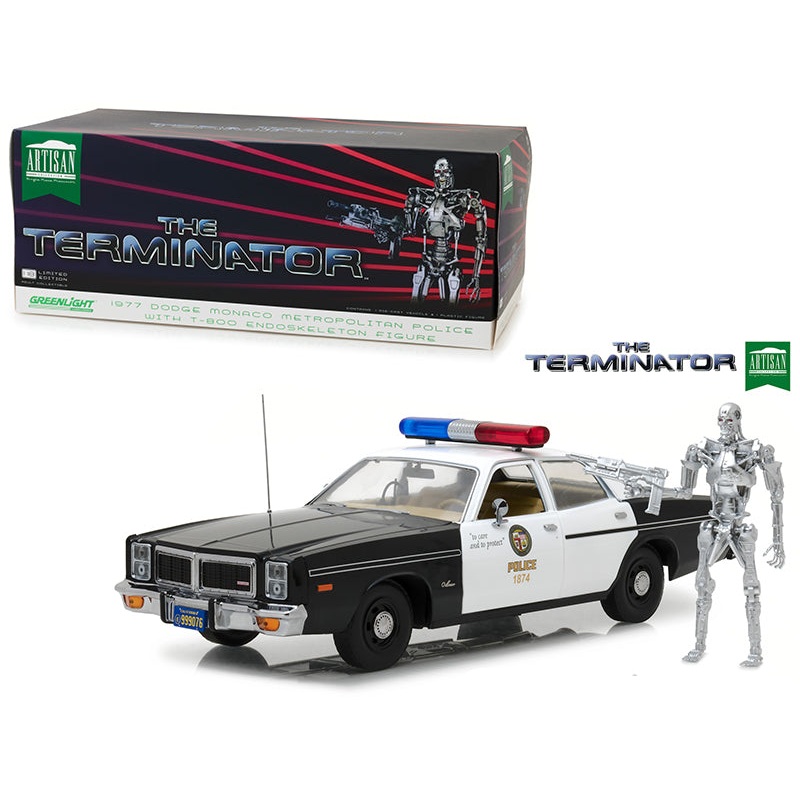 1977 Dodge Monaco Metropolitan Police with T-800 Endoskeleton Figurine “The Terminator” (1984) Movie 1/18 Diecast Model Car by Greenlight