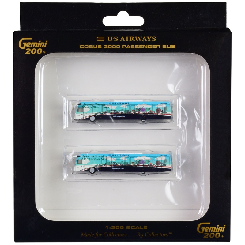 Cobus 3000 Passenger Bus White and Blue with Graphics “US Airways Shuttle Bus – Greener Transit” 2 Piece Set “Gemini 200” Series Diecast Models by GeminiJets