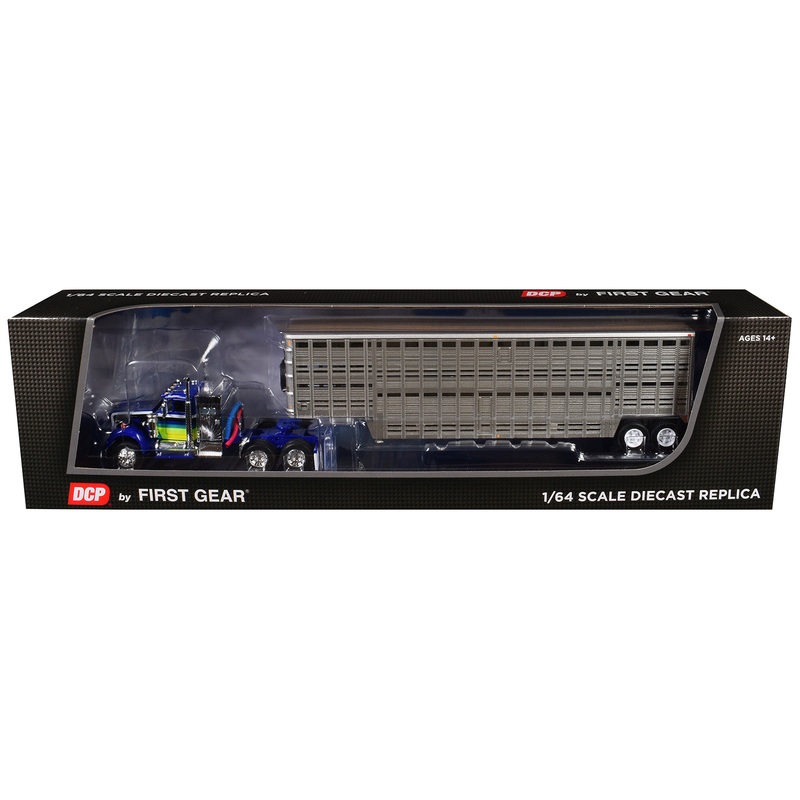 White Western Star 4900 with 36″ Vintage Flat Top Sleeper and Wilson 45′ Vintage Livestock Trailer Blue with Stripes 1/64 Diecast Model by DCP/First Gear