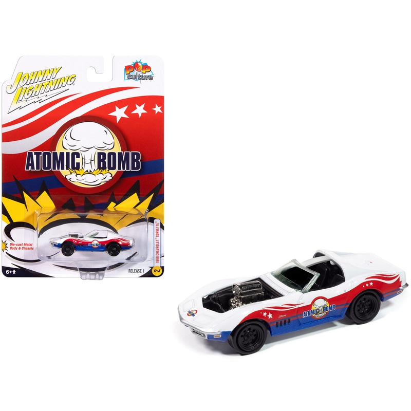 1969 Chevrolet Corvette “Atomic Bomb” White with Red and Blue Graphics “Stuntman Mike’s Ride Along Racing” “Pop Culture” 2025 Release 1 1/64 Diecast Model Car by Johnny Lightning