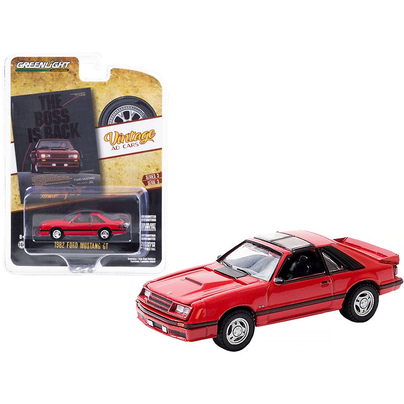 1982 Ford Mustang GT Red with Black Stripes “The Boss is Back” “Vintage Ad Cars” Series 3 1/64 Diecast Model Car by Greenlight