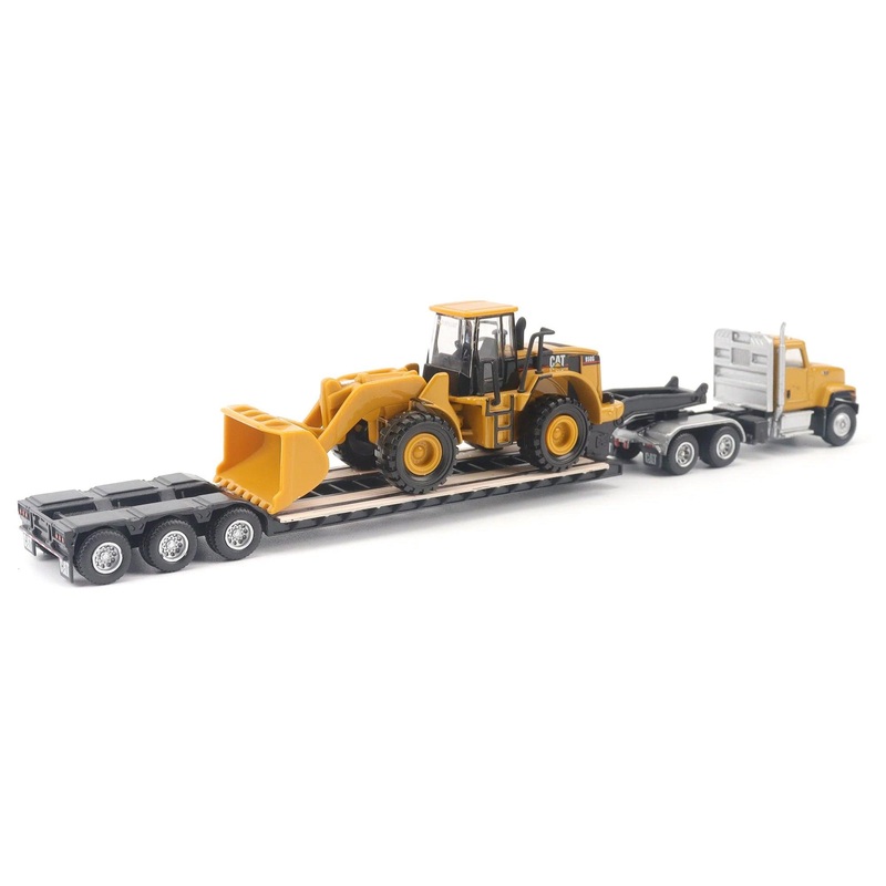 CAT Caterpillar CT681 Day Cab Tractor Yellow with Lowboy Trailer and CAT 950G Wheel Loader Yellow 1/87 (HO) Diecast Model by Diecast Masters