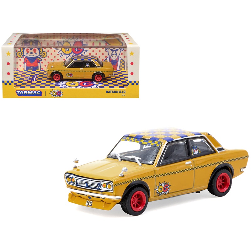 Datsun 510 “OG Beer” Yellow with Checkered Top “Hobby64” Series 1/64 Diecast Model Car by Tarmac Works