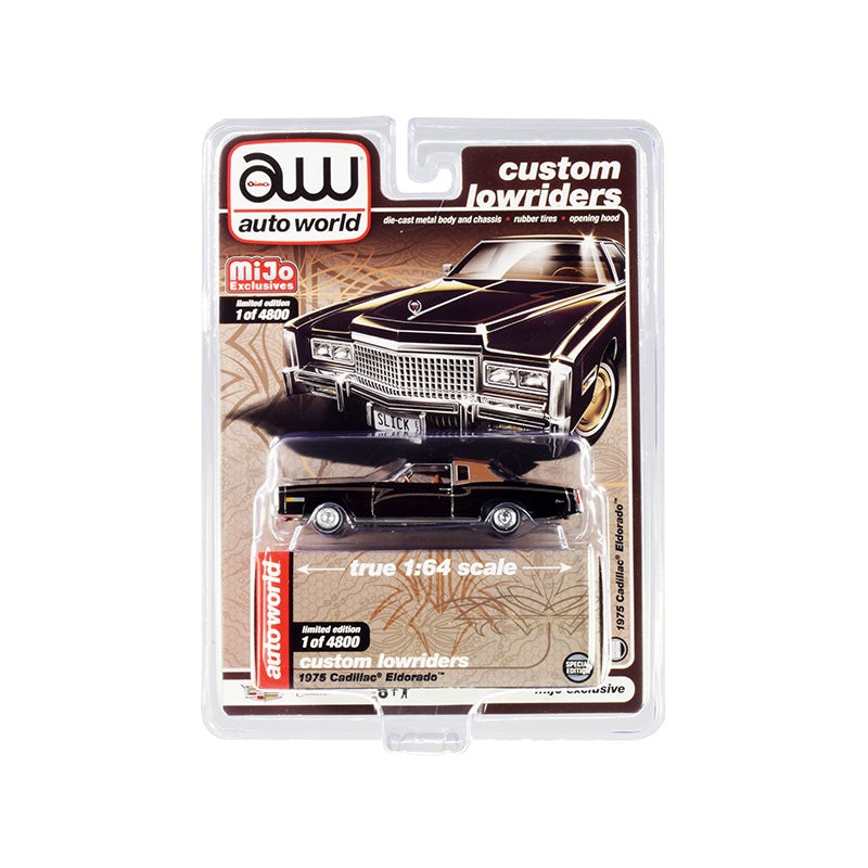 1975 Cadillac Eldorado Black with Brown (Partial) Vinyl Top “Custom Lowriders” Limited Edition to 4800 pieces Worldwide 1/64 Diecast Model Car by Auto World