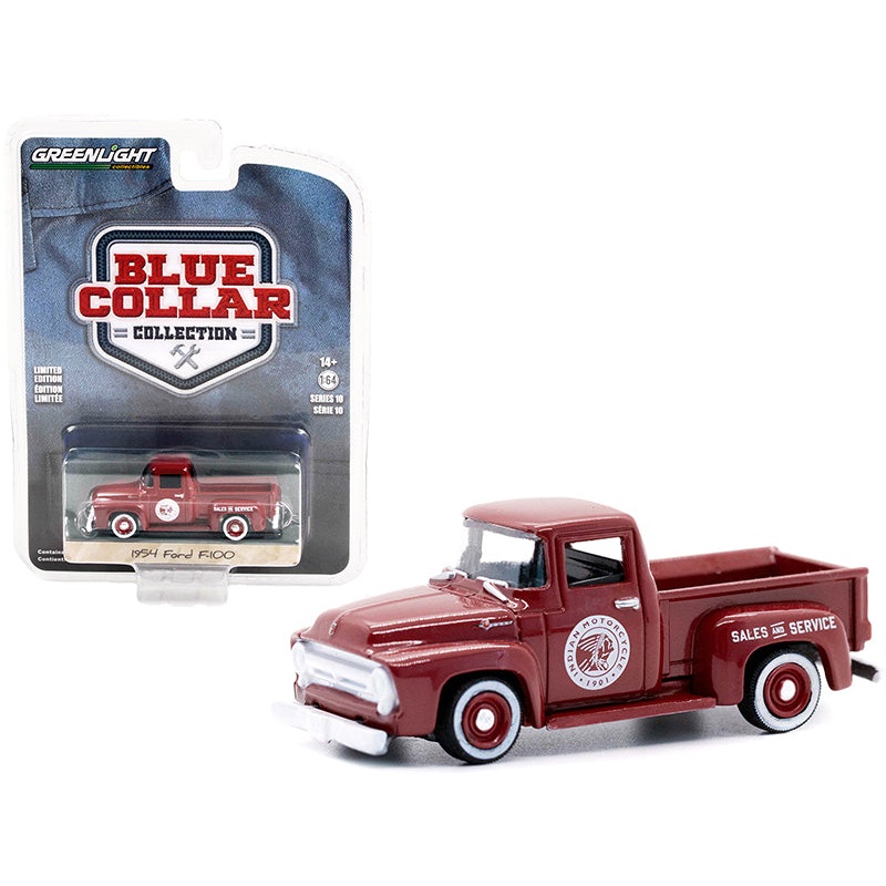 1954 Ford F-100 Pickup Truck Burgundy “Indian Motorcycle Sales & Service” “Blue Collar Collection” Series 10 1/64 Diecast Model Car by Greenlight