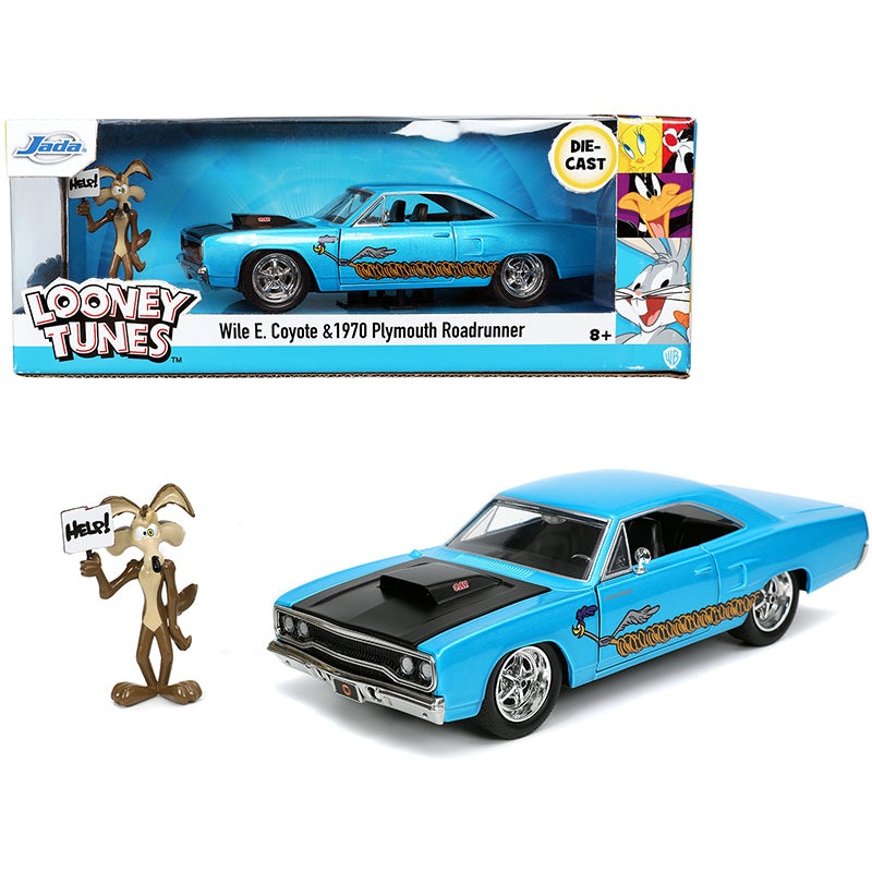 1970 Plymouth 440-6BBL RoadRunner Light Blue Metallic with Black Hood and Wile E. Coyote Diecast Figurine “Looney Tunes” 1/24 Diecast Model Car by Jada
