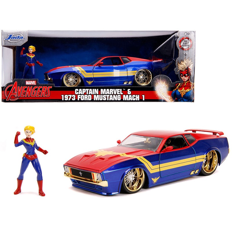 1973 Ford Mustang Mach 1 with Captain Marvel Diecast Figurine “Avengers” “Marvel” Series 1/24 Diecast Model Car by Jada