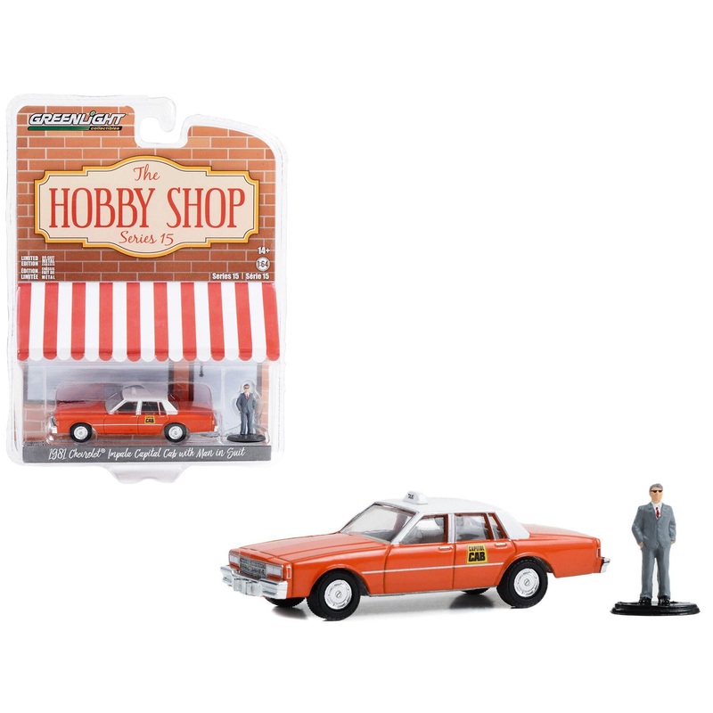 1981 Chevrolet Impala “Capitol Cab” Taxi Orange with White Top and Man in Suit Figure “The Hobby Shop” Series 15 1/64 Diecast Model Car by Greenlight