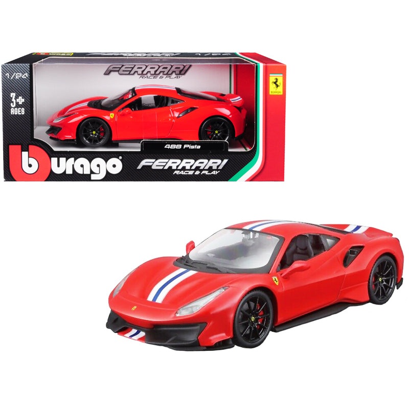 Ferrari 488 Pista Red with White and Blue Stripes 1/24 Diecast Model Car by Bburago