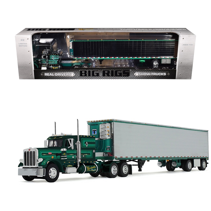 Peterbilt 359 with 60″ Vintage Sleeper and 53′ Utility Trailer with Reefer “Hardwick Motor Freight” Green Metallic with Stripes “Big Rigs” Series II #2 1/64 Diecast Model by DCP/First Gear