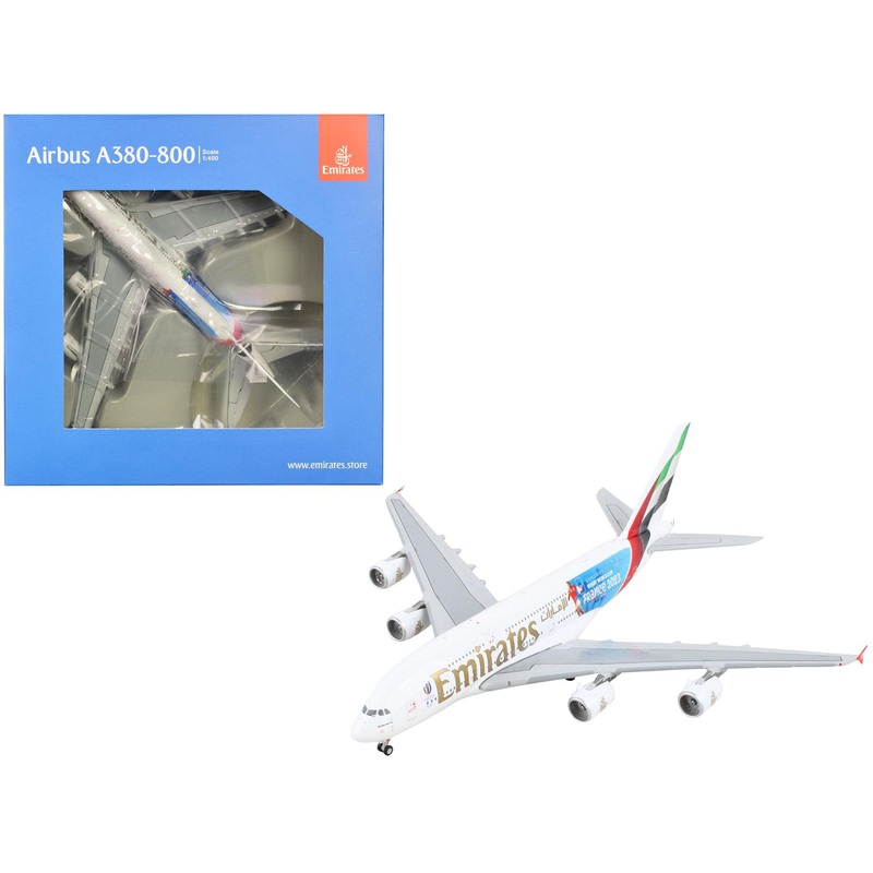 Airbus A380-800 Commercial Aircraft “Emirates Airlines – 2023 Rugby World Cup Sponsor” White with Striped Tail 1/400 Diecast Model Airplane by GeminiJets