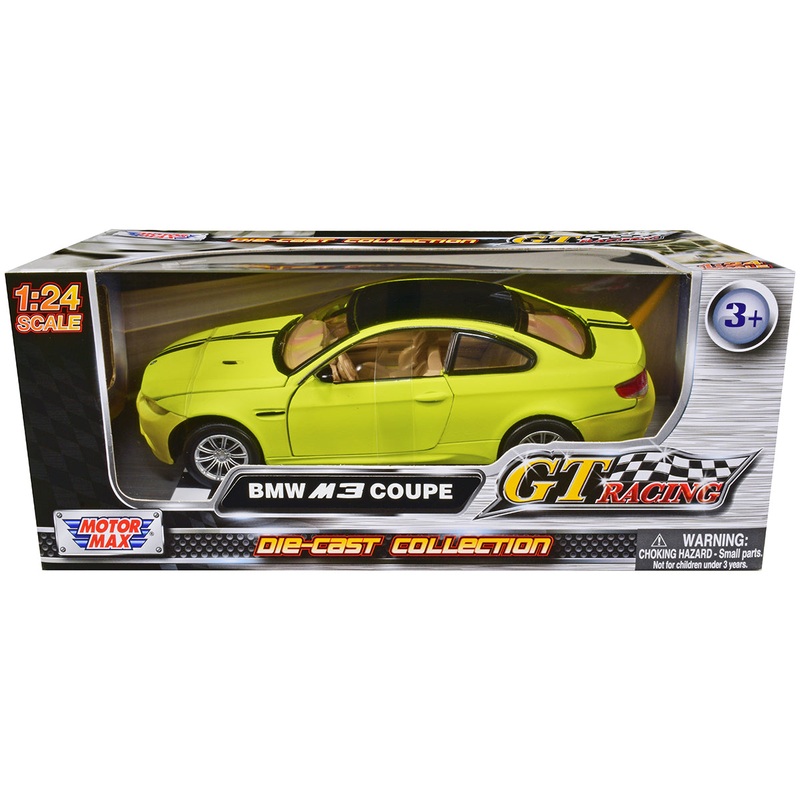 BMW M3 Coupe Neon Yellow with Matt Black Top and Stripes “GT Racing” Series 1/24 Diecast Model Car by Motormax