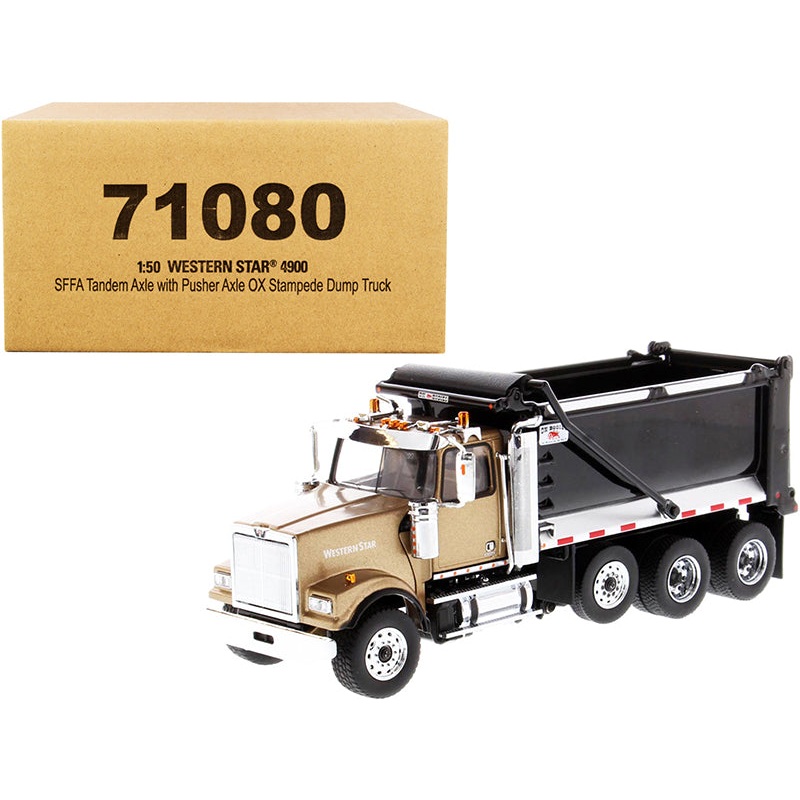 Western Star 4900 SFFA Tandem with Pusher Axle OX Stampede Dump Truck Gold and Black “Transport Series” 1/50 Diecast Model by Diecast Masters