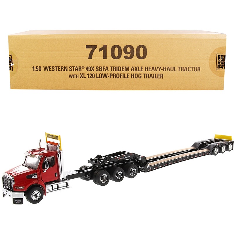 Western Star 49X SBFA Tridem Axle Heavy-Haul Tractor with XL 120 Low-Profile HDG Trailer Red and Black “Transport Series” 1/50 Diecast Model by Diecast Masters
