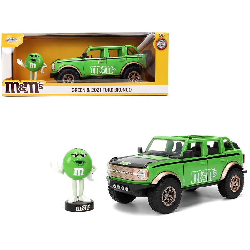 2021 Ford Bronco Green with Black Stripes and Green M&M’s Diecast Figure “Hollywood Rides” Series 1/24 Diecast Model Car by Jada