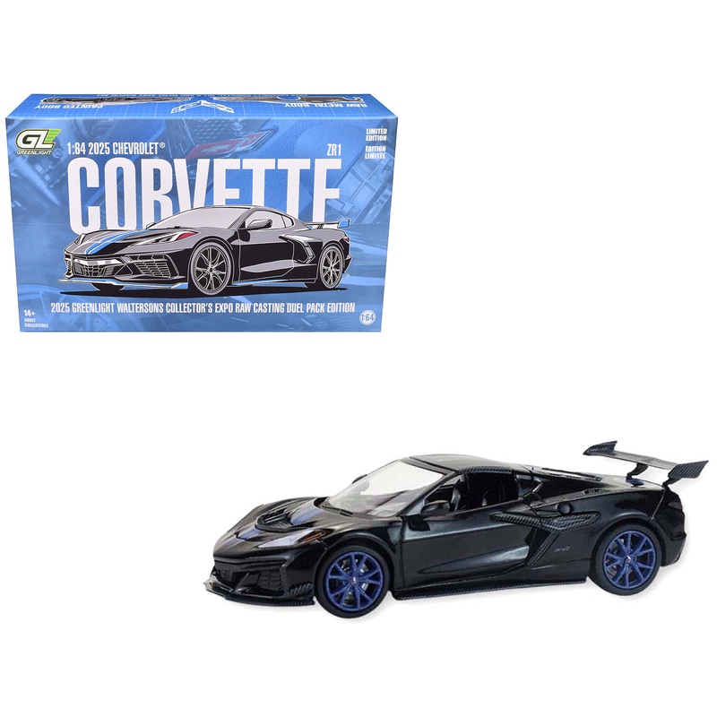 2025 Chevrolet Corvette C8 ZR1 Black with Blue Stripes with Raw Casting Dual Pack “2025 Greenlight Waltersons Collector’s Expo Exclusive” 1/64 Diecast Model Car by Greenlight