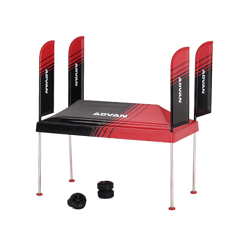 Paddock Service Tent Set with Extra Wheels Red and Black “ADVAN” for 1/64 Scale Models by Mini GT