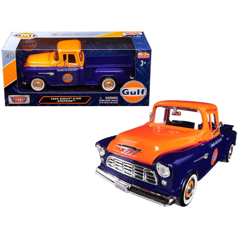 1955 Chevrolet 5100 Stepside Pickup Truck “Gulf” Dark Blue and Orange 1/24 Diecast Model Car by Motormax