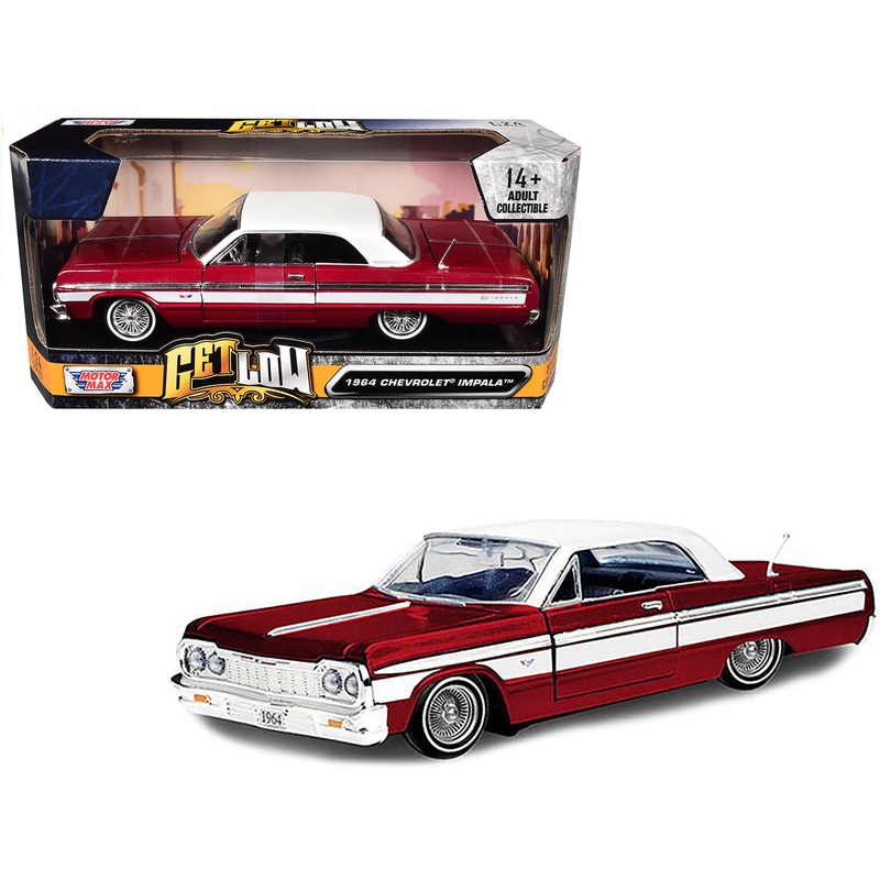 1964 Chevrolet Impala Lowrider Hard Top Candy Red Metallic with White Top “Get Low” Series 1/24 Diecast Model Car by Motormax