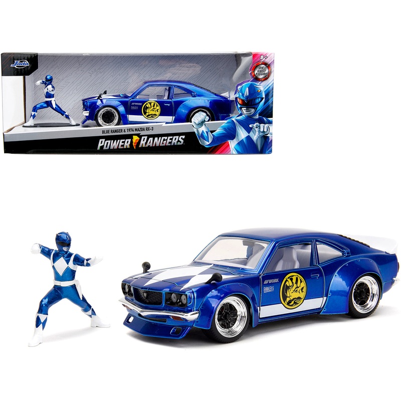 1974 Mazda RX-3 Candy Blue with White Interior and Graphics and Blue Ranger Diecast Figure “Power Rangers” “Hollywood Rides” Series 1/24 Diecast Model Car by Jada