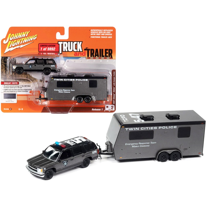 1997 Chevrolet Tahoe “SWAT” Custom Gray Metallic and Black with “Twin Cities Police” Camper Trailer Limited Edition to 9892 pieces Worldwide “Truck and Trailer” Series 1/64 Diecast Model Car by Johnny Lightning