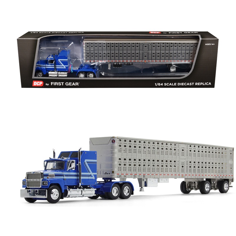 Ford LTL 9000 60″ Aerodyne Sleeper with Wilson PSAL Stockmaster Livestock Trailer Blue with Stripes 1/64 Diecast Model by DCP/First Gear