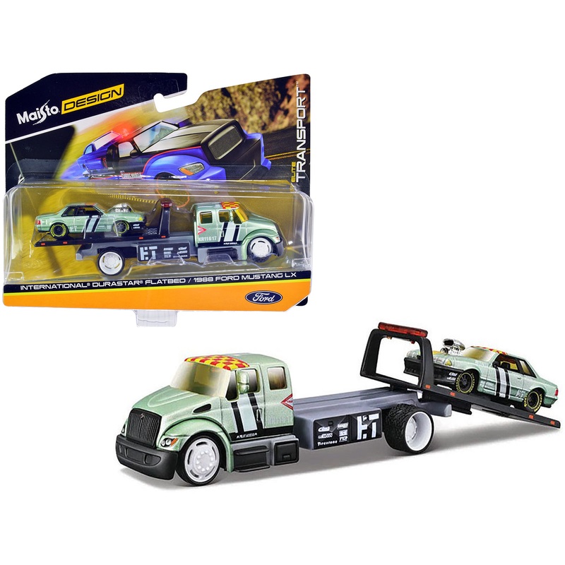 International DuraStar Flatbed Truck #17 and 1988 Ford Mustang LX #17 Light Green Metallic with Stripes and Graphics “Elite Transport” Series 1/64 Diecast Models by Maisto