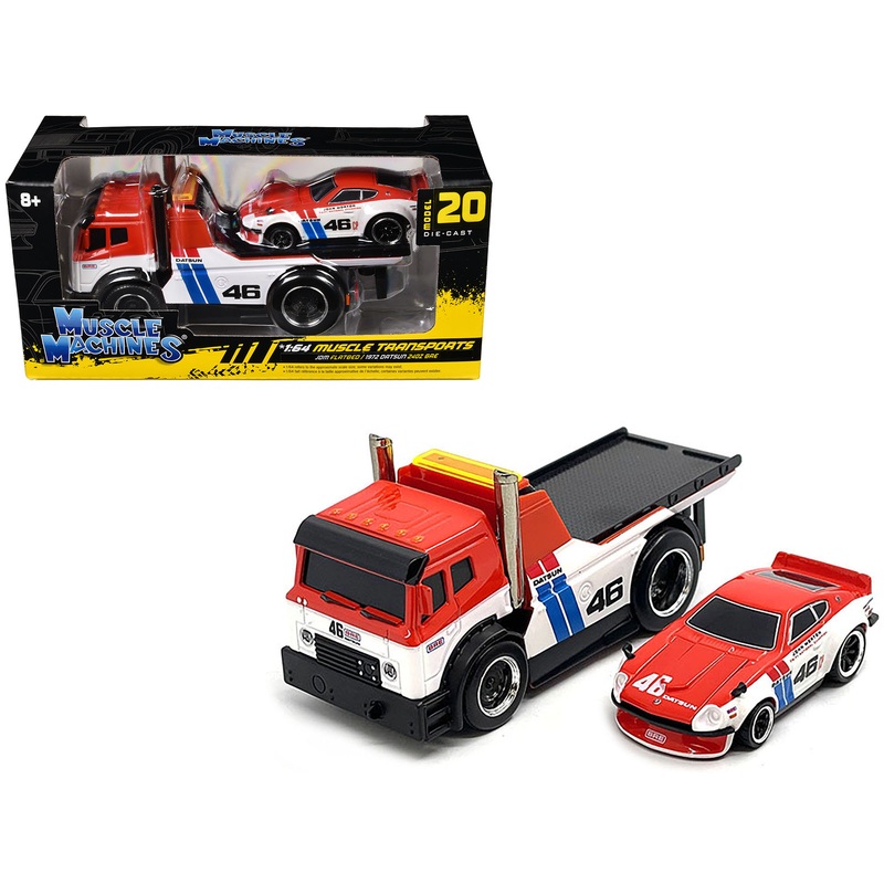 JDM Flatbed Truck #46 Red and White with Blue Stripes and 1972 Datsun 240Z #46 Red and White with Blue Stripes “BRE” “Muscle Transports” Series 1/64 Diecast Models by Muscle Machines