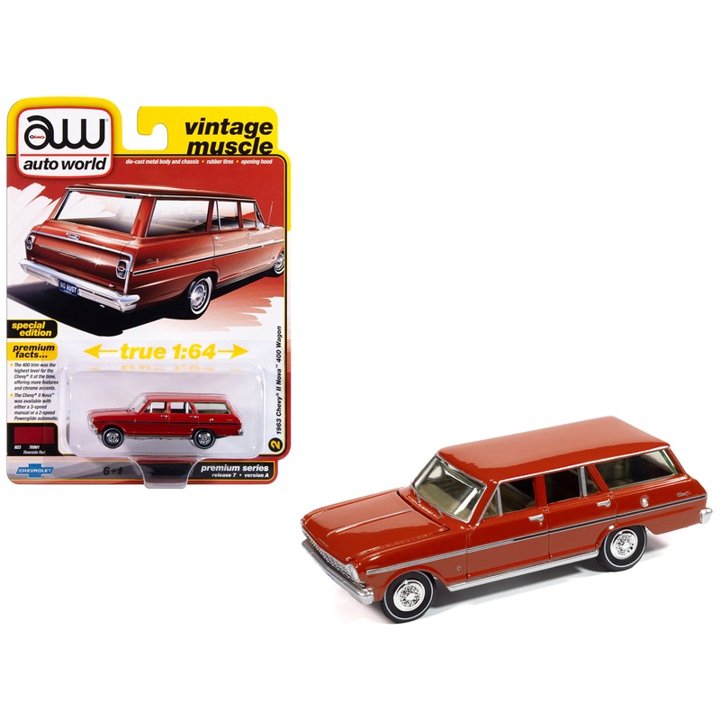 1963 Chevrolet II Nova 400 Wagon Riverside Red “Vintage Muscle” Series 1/64 Diecast Model Car by Auto World