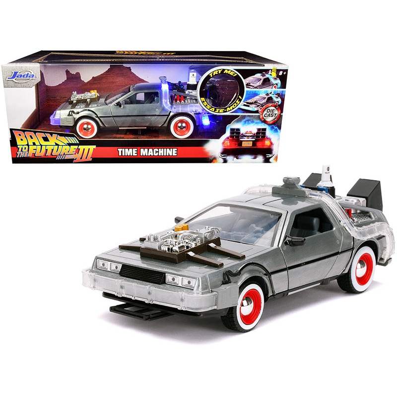 DeLorean Brushed Metal Time Machine with Lights “Back to the Future Part III” (1990) Movie “Hollywood Rides” Series 1/24 Diecast Model Car by Jada