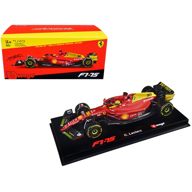 Ferrari F1-75 #16 Charles Leclerc “Giallo Modena” 2nd Place Formula One F1 Italian GP (2022) “Formula Racing” Series with Display Case 1/43 Diecast Model Car by Bburago