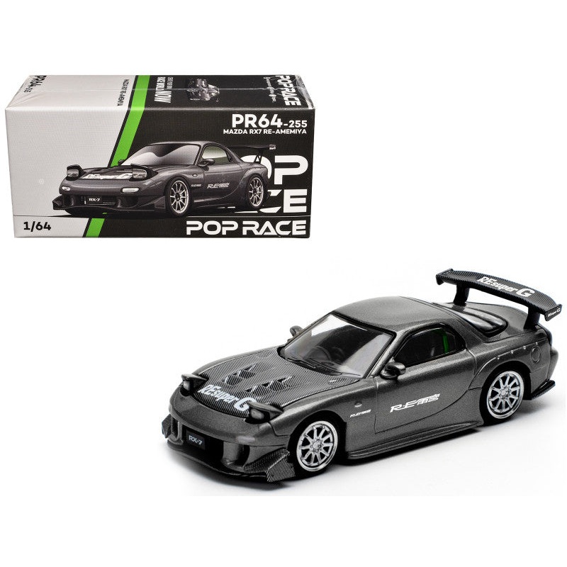 Mazda RX7 (FD) “RE Amemiya” Widebody RHD (Right Hand Drive) Gunmetal Gray Metallic with Carbon Hood 1/64 Diecast Model Car by Pop Race