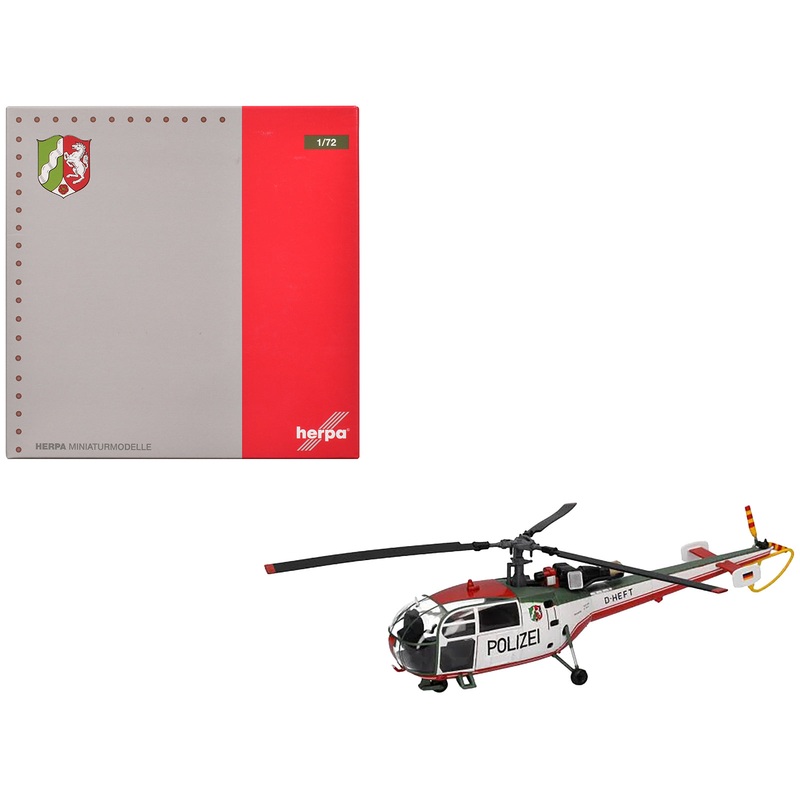 Aerospatiale Alouette III Helicopter “Polizeifliegerstaffel Nordrhein-Westfalen (Police Aviation Squadron North Rhine-Westphalia)” (D-HEFT) White with Red and Green Stripes 1/72 Diecast Model by Herpa