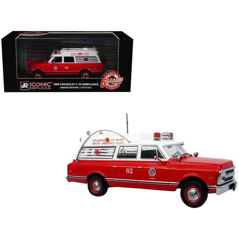 1969 Chevrolet C-10 Ambulance “Los Angeles City Fire Department” Red and White “5 Alarm” Series Limited Edition 1/50 Diecast Model by Iconic Replicas