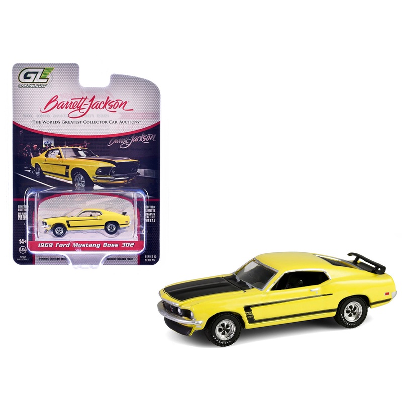 1969 Ford Mustang Boss 302 Bright Yellow with Black Hood and Stripes “Barrett-Jackson” Series 15 1/64 Diecast Model Car by Greenlight