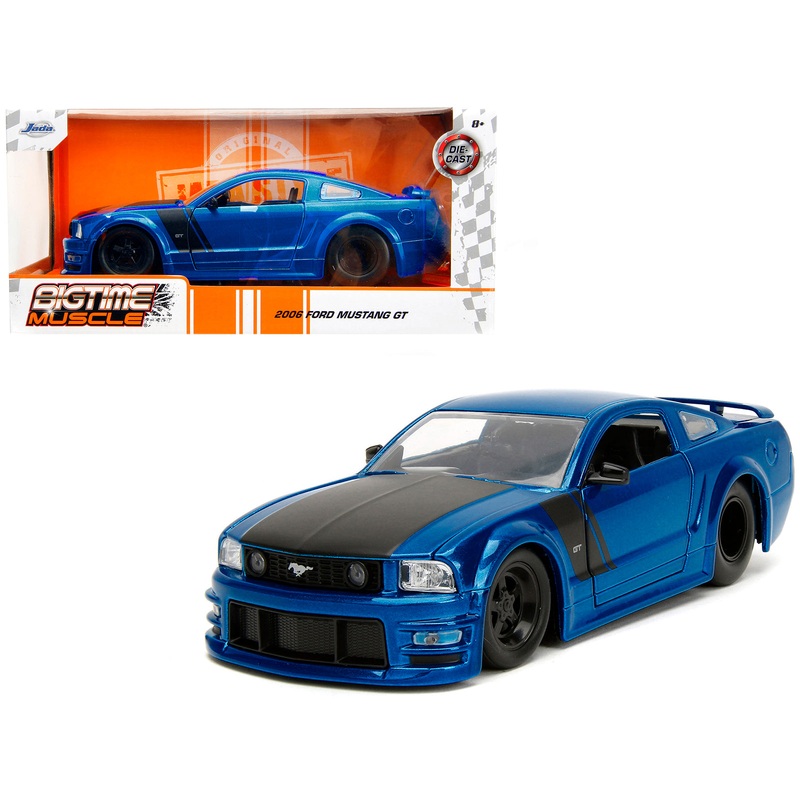 2006 Ford Mustang GT Blue Metallic with Matt Black Hood and Stripes “Bigtime Muscle” Series 1/24 Diecast Model Car by Jada