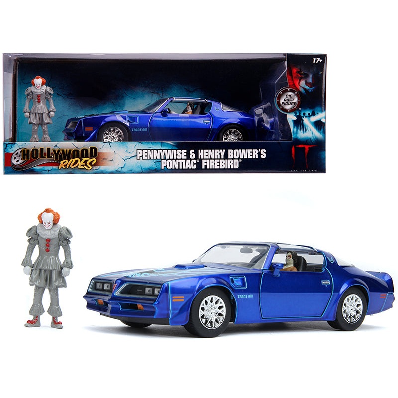 Henry Bower’s Pontiac Firebird Trans Am Candy Blue with Pennywise Diecast Figurine “It Chapter Two” (2019) Movie 1/24 Diecast Model Car by Jada
