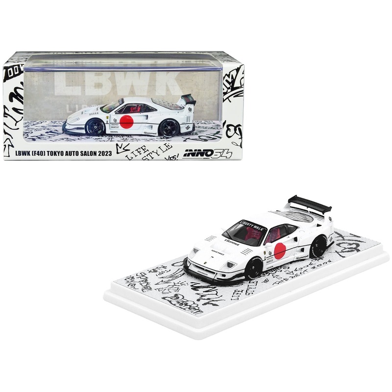 LBWK (Liberty Walk) F40 White with Graphics “Tokyo Auto Salon 2023” 1/64 Diecast Model Car by Inno Models
