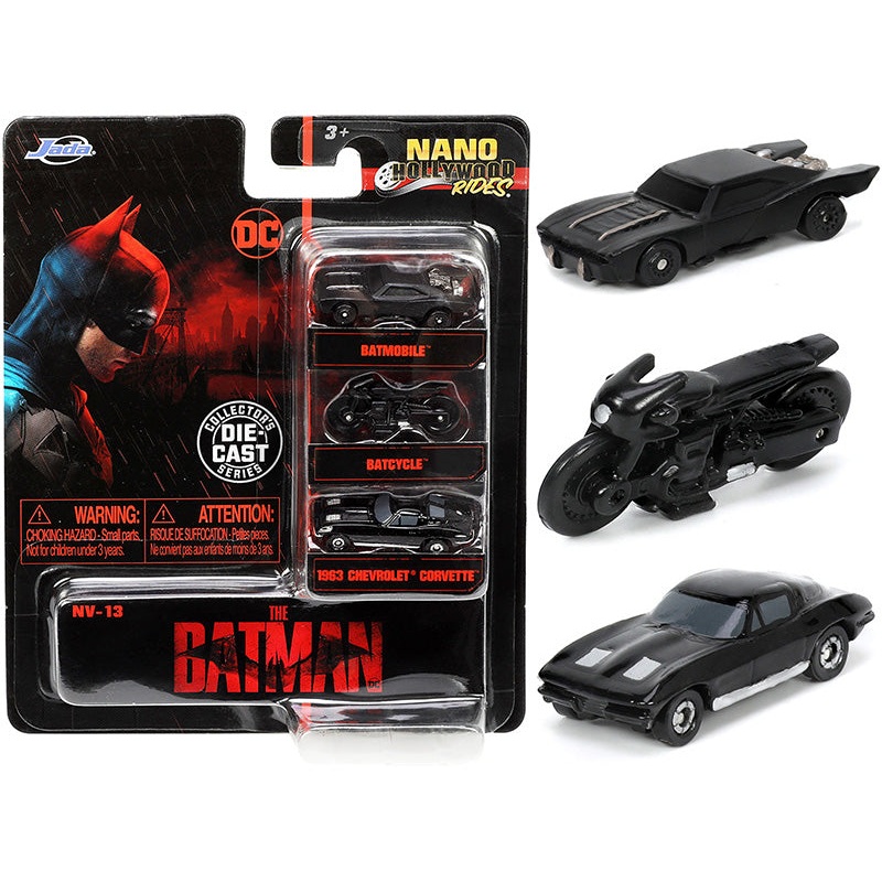 “The Batman” (2022) Movie 3 piece Set “DC Comics” “Nano Hollywood Rides” Series Diecast Model Cars by Jada